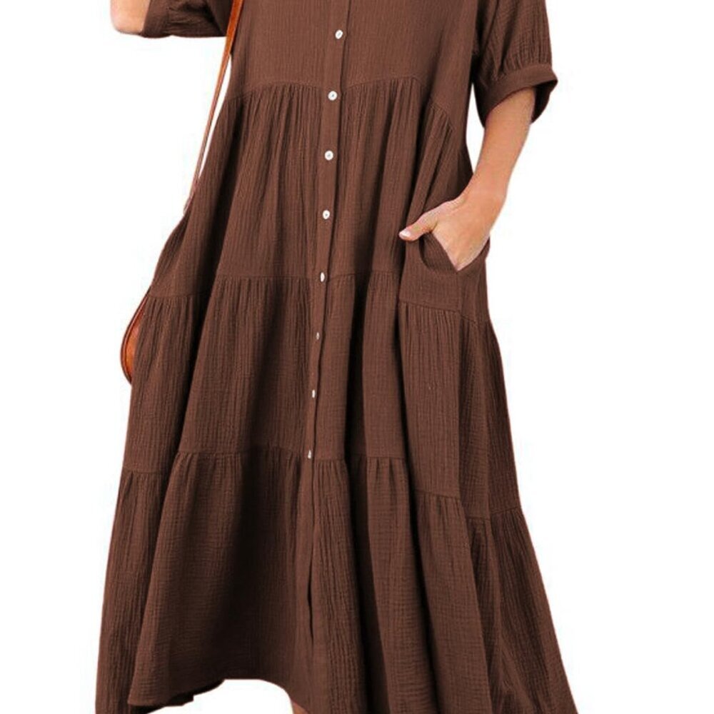 Cotton Midi Dress Button Down Casual Loose Slit Pockets Summer Chic